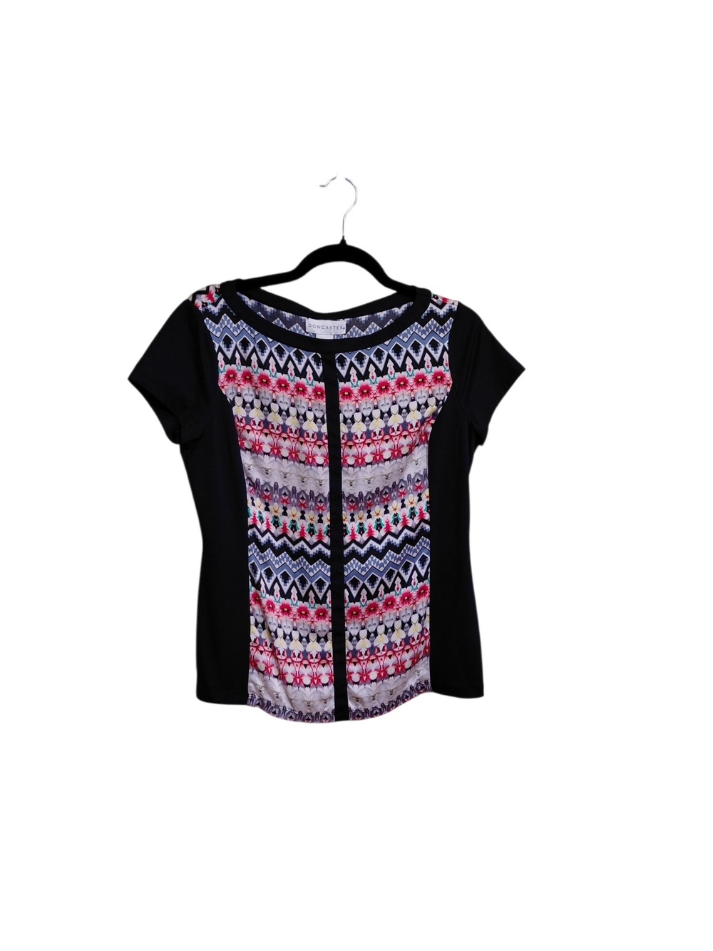 Doncaster Black Short-Sleeve Top with Multicolor Patterned Front